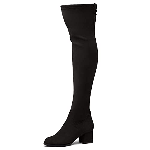 Shoe Land CARAA Women’s Thigh High Stretchy Boots Block Heel Side Zipper Back Lace Over The Knee Casual Boots Black 8.0