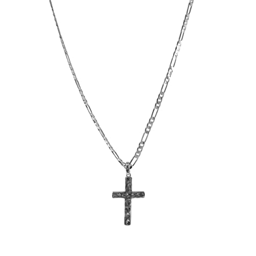 Collar de plata con colgante de cruz para hombre, pulido macizo, de plata de ley 925, moderno, colgante cruzado, ajustable, macizo, con caja de regalo [cruz martillada], Plata esterlina Cover