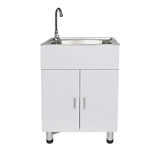 ATNCKS Freestanding Stainless Steel Slop Sink Portable Household Single Slot Laundry Sink Suitable for Outdoor Restaurant Storage Cabinets Easy to Clean (53x38x76 cm) White