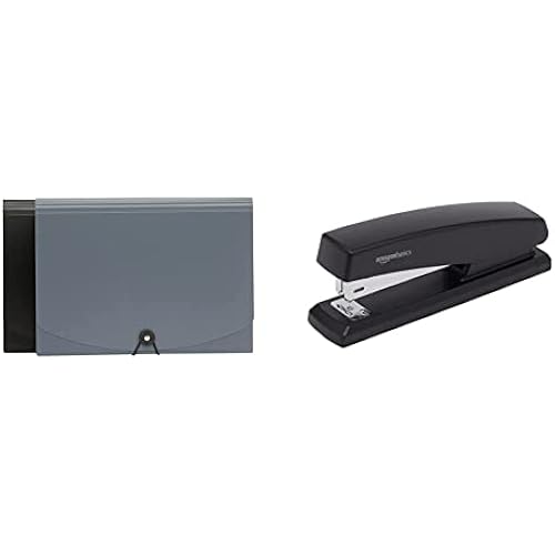 Amazon Basics Expanding Organizer File Folder, Letter Size - Black & Gray, 2-Pack and Stapler with 1250 Staples, Office Stapler, 25 Sheet Capacity, Non-Slip, Black