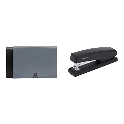 Amazon Basics Expanding Organizer File Folder, Letter Size - Black & Gray, 2-Pack and Stapler with 1250 Staples, Office Stapler, 25 Sheet Capacity, Non-Slip, Black