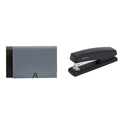 Amazon Basics Expanding Organizer File Folder, Letter Size - Black & Gray, 2-Pack and Stapler with 1250 Staples, Office Stapler, 25 Sheet Capacity, Non-Slip, Black