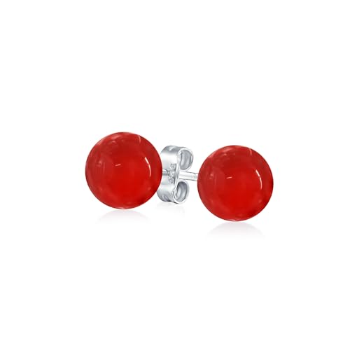 Simple Dyed Red Natural Coral Ball Round Stud Earrings For Women .925 Sterling Silver 6MM