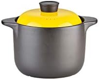 Kitchen Stoneware Cooking Pot Tureen Soup Casserole Dish with Lid, Chinese Soup/Clay/Earthen Pot with Double Handle and Yellow Lid, Ceramic Cookware, Round Black (4 Liter)