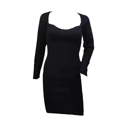 Robe slim côtelée à encolure carrée noire en maille pour femme