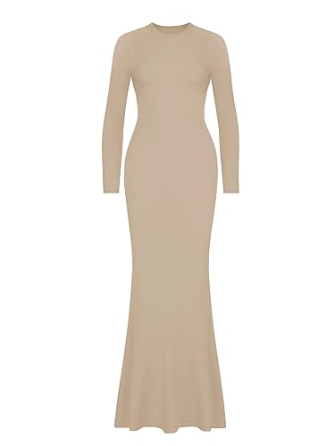 Image of REORIA Women's Sexy Crew Neck Lounge Long Dress Elegant Long Sleeve Ribbed Bodycon Maxi Dresses