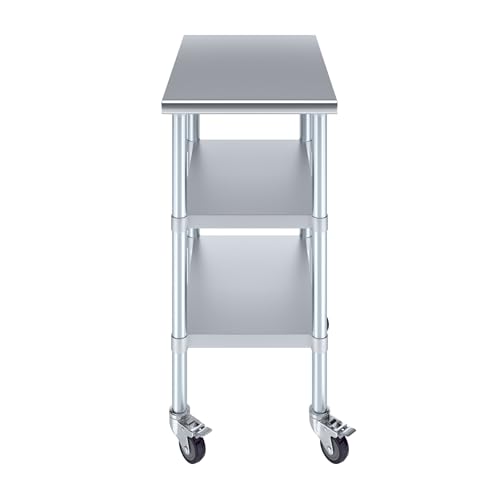 Image of AmGood Stainless Steel Work Table with 2 Shelves and Casters | Metal Utility Table On Wheels (Stainless Steel Work Table with 2 Shelves + Casters, 18 inch Long x 30 inch Deep)
