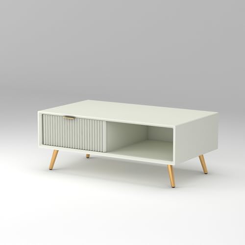 Image of ONIJA Modern Coffee Table for Living Room | HDMR Premium Wood Center Table with Storage Shelf | Matte Finish Coffee Table | Wooden Tea Table with Sturdy Legs (White)
