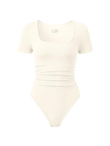 Image of OQQ Women Bodysuits Ruched Short Sleeve Square Neck Stretch Lounge Travel Bodysuits
