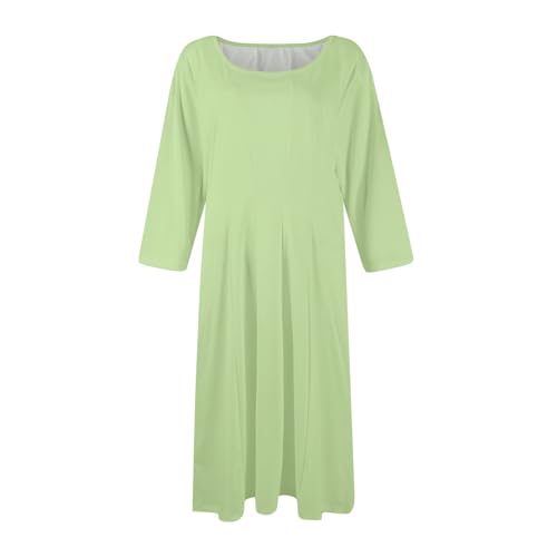 Women's Casual Midi Solid Color Dress A Line 3/4 Sleeve Tunic Dresses Pleated Crew Neck Fashion Loose Fit Wrap Dress