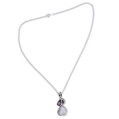 NOVICA Artisan Handcrafted Amethyst Rainbow Moonstone Pendant Necklace | Sterling Silver Teardrop Pendant Necklace | Silver with Faceted Sterling Clear Purple from India Two Teardrop Necklace2