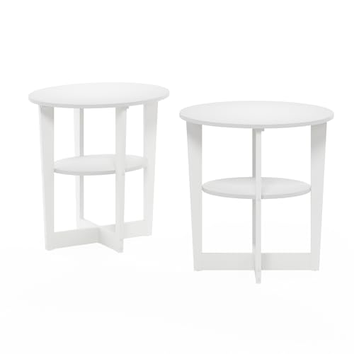 Image of Furinno Jaya Side Table Set of 2, 2-Tier Round Modern End Table with Oval Tabletop, Night Stand, Bedside Table with Open Shelf, for Living Room, Bedroom, Plain White