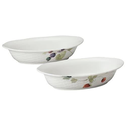 NARUMI Oval Gratin Dish Set, Lucy Garden, 8.7 x 5.5 x 1.8 inches, Berry Pattern, Set of 2, Microwave, Dishwasher, Oven Safe, Made in Japan, Gift Box Included