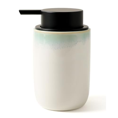 BosilunLife Hand Soap Dispenser - Foam Soap Dispenser Bathroom Ceramic Dish Liquid Soap Dispenser for Kitchen, Bathroom Countertop Soap Dispensers (White with Blue-Green Rim Liquid Pump)