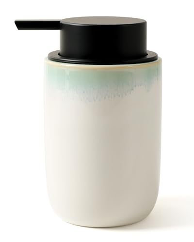 Image of BosilunLife Hand Soap Dispenser - Foam Soap Dispenser Bathroom Ceramic Dish Liquid Soap Dispenser for Kitchen, Bathroom Countertop Soap Dispensers (White with Blue-Green Rim Liquid Pump)