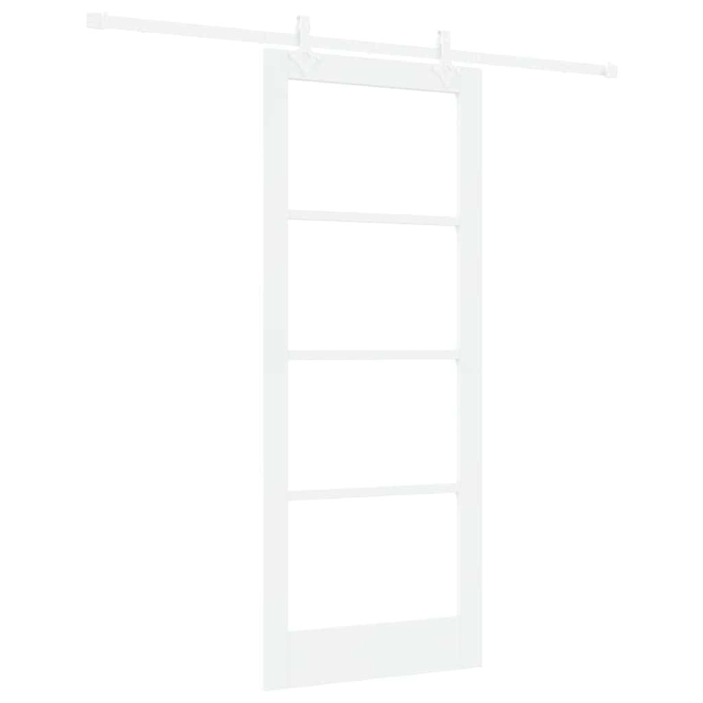 Puerta corredera blanca de 83 x 202 cm, madera maciza de pino y cristal, puerta moderna para interior con sistema de riel y mecanismo de deslizamiento silencioso para salón y cocina
