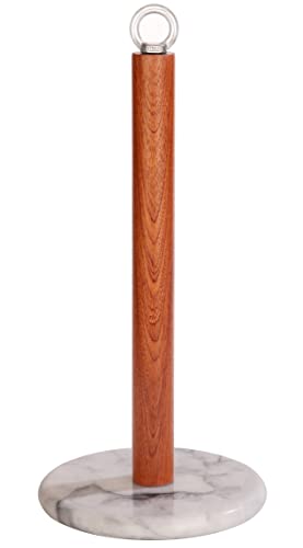 Tianman Küchenrollenhalter Marmor Papierrollenhalter stehend Rollenhalter aus Marmor Stehender Küchenrollenspender,Edelstahlring + Holzstange+Polierter Marmorsockel(Weiß) Cover
