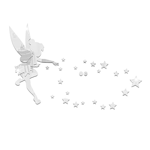 REQAG Stickers Muraux Fée Fille et Motif Étoile Stickers Miroir Acrylique Argent 3D Stikers Murals Decoration pour Salon Chambre Bureau