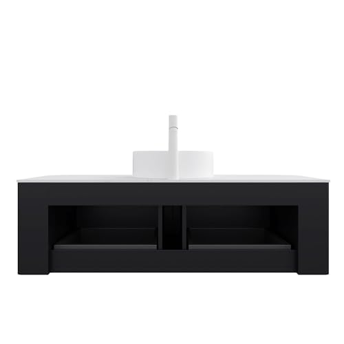 Image of KEIKI 48 inch Wall-Mounted Floating Bathroom Vanity with Sink, Pre-Assembled Storage Cabinet with 3D Textured Drawers & Curved Edge Design, Durable Ceramic Basin, Black