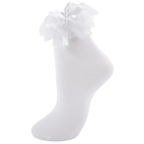 MKYSZLT Women White Ruffle Socks Adult Frilly Ankle Bow Socks with Lace Ruffles for Woman Cute Womens Dress Sock Soft Cotton Princess Sock