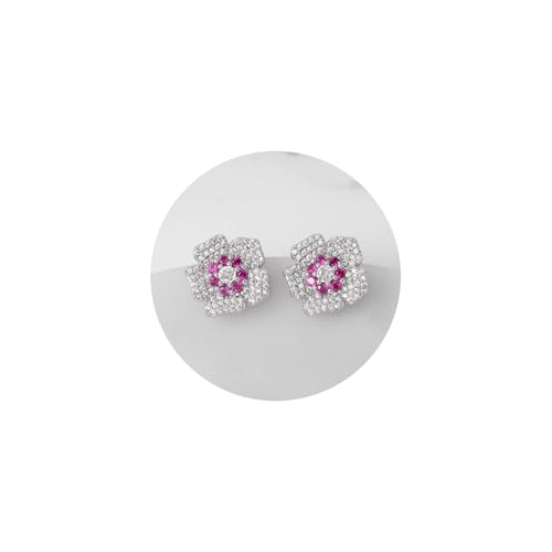 SWEETV Cubic Zirconia Flower Stud Earrings for Women Hypoallergenic Fashion Jewelry, Wedding Bridal Earrings for Brides, Bridesmaids Prom Formal Party, Hot Pink