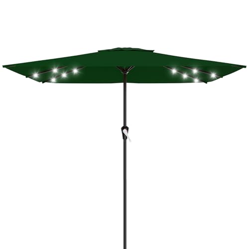 Image of AreShark 8' X 10' Rectangular Patio Umbrella with Solar Lights, Lighted Solar Umbrella with Crank, Outdoor Table Umbrella for Garden, Deck, Backyard, Pool and Beach, Dark Green