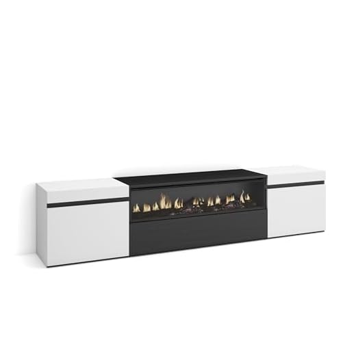 Skraut Home | Mueble TV | Televisión | Muebles de salón, almacenaje | 200x45x35cm | para TV hasta 80" | Chimenea eléctrica | Estilo Moderno | Blanco y Negro
