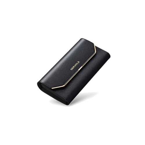 PORRASSO Wallet Women's Leather Purse Card Holder Organizer RFID Blocking Ladies Long Wallet Coin Purse Black