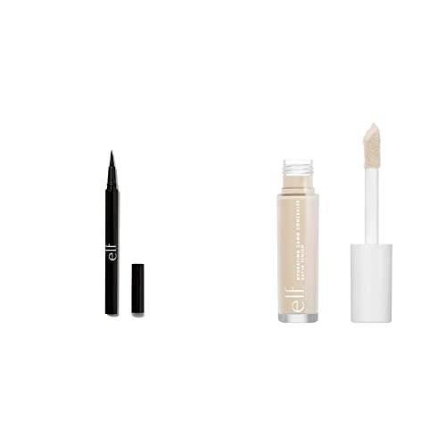 Image of e.l.f. H2O Proof Eyeliner Pen, Felt Tip, Waterproof Liquid Formula, Jet Black, 0.02 Fl Oz (0.7mL) & e.l.f Hydrating Satin Camo Concealer Fair Warm