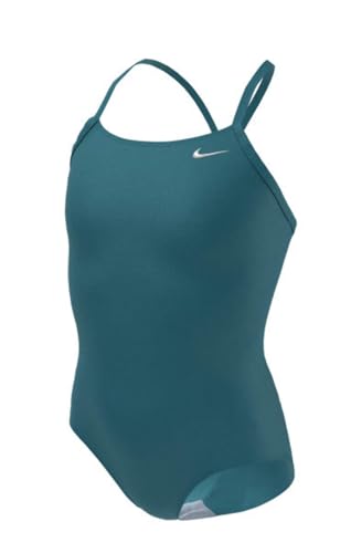 Image of Nike Swim Girls' Polyester Cut-Out Tank One Piece Bright Spruce SM (7-8 Big Kids) / Bright Spruce Turquoise
