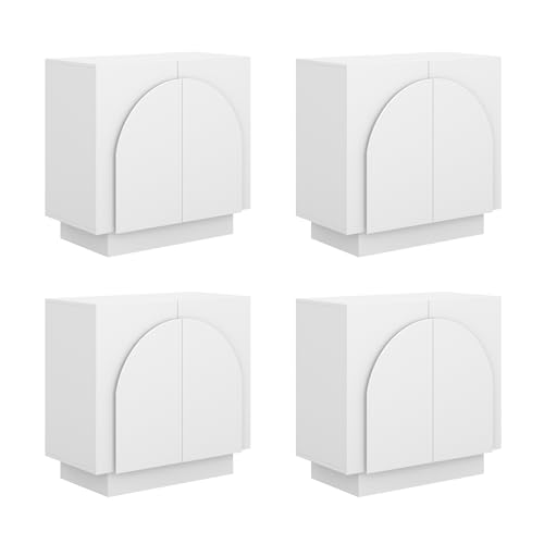 Image of Nathan James Iris Mid-Century Modern Buffet Sideboard Credenza TV Stand, White Wood Storage Cabinet with Arched Doors, Set of 4