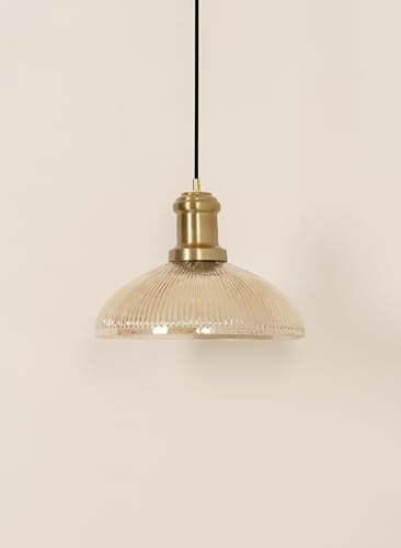 Image of Divine Trends Ribbed Golden Luster Glass Pendant Hanging Light with Antique Brass Finish | Hanging Lights for Living Room, Bedroom, Kitchen, Dining | Ceiling Lamp for Cafes, Restaurants Pack of 1