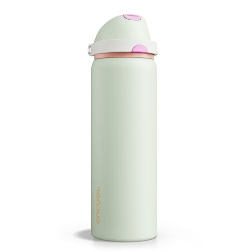 Image of Insulated Water Bottle with Straw - Encool Stainless Steel Water Bottle with Push Button Lid, Leak-Proof & BPA-Free, Keeps Cold for 24 Hours for Sports, Travel, Gym (32 oz, Geyser Green)