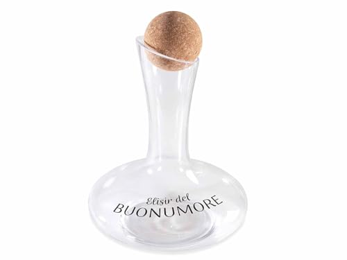 Decanter in Vetro 1,5L con Tappo in Sughero – Ampolla Decorativa con Scritta “Elisir del Buonumore” – Caraffa per Vino, Liquori, Acqua – Idea Regalo Originale
