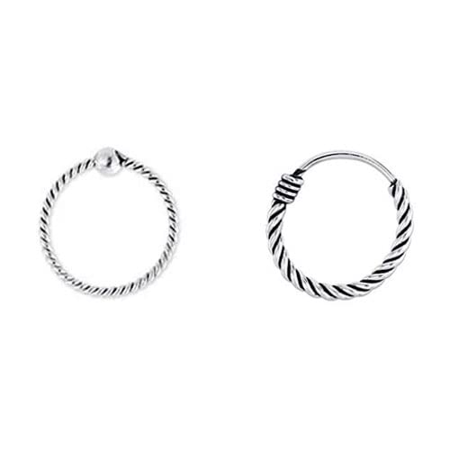 Tienda 2 aros nariz finos tipo trenzados, plata de ley 925, 9mm diámetro interior, 0,6mm grosor, 1 aro con bola de cierre y 1 aro con barra de cierre