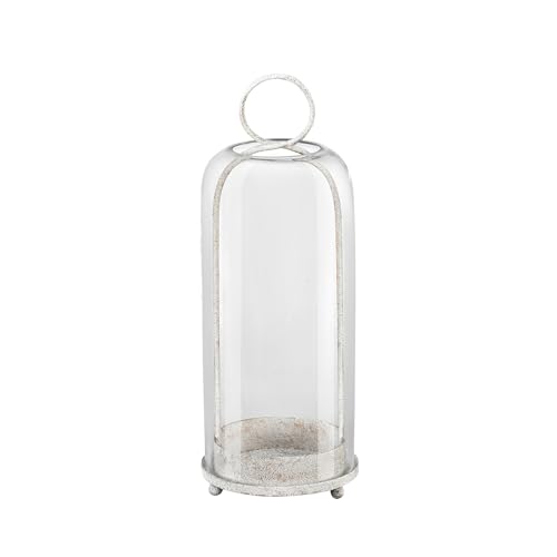 Twakutwaku 16" High Versatile Modern Metal Hurricane Lantern with Handmade Sturdy Glass Dome in Vintage White for Pillar Candle & Plants, Industrial, Farmhouse, Shabby Chic