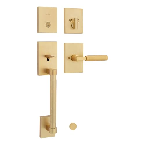 Kwikset Prava Front Door Lock Handle and Deadbolt Set, Entry Door Handleset Exterior with Interior Reversible Lever, Satin Brass, Pick Resistant SmartKey Rekey Deadbolt Security - image 1