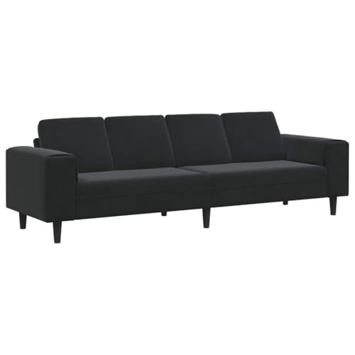 Sofá moderno de terciopelo negro para 4 personas con superficie de contrachapado azul. Tiene un espaldar plano, descansabrazos y patas cónicas. Acabado mate y estructura de madera ingeniada. Tamaño: