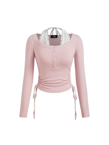 CIDER Halter Neck Long Sleeve Top, Going Out Tops, Ruched Drawstring, Trendy Shirt, Y2k Lace, Cute Tops