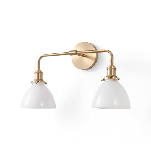 Image of Gold Bathroom Vanity Light, Farmhouse Vintage Vanity Fixture with 2 Light Milk Glass, Brushed Gold Bathroom Light Fixtures (Bulb Included)