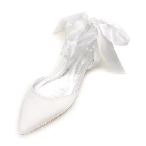 Women's Wedding Flats for Bride Pointed Toe Satin Ribbon Tie Bridal Shoes