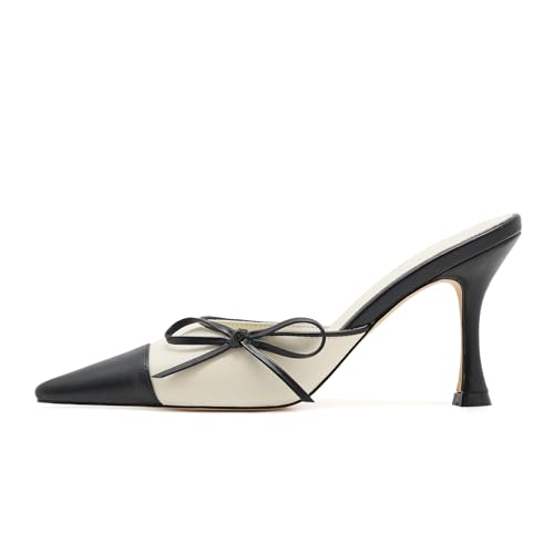 Women Bow Mule Heels Pointed Toe Chic Kitten Heel Slides Vintage Color Block Stiletto Mules Dress Party Wedding Pumps2