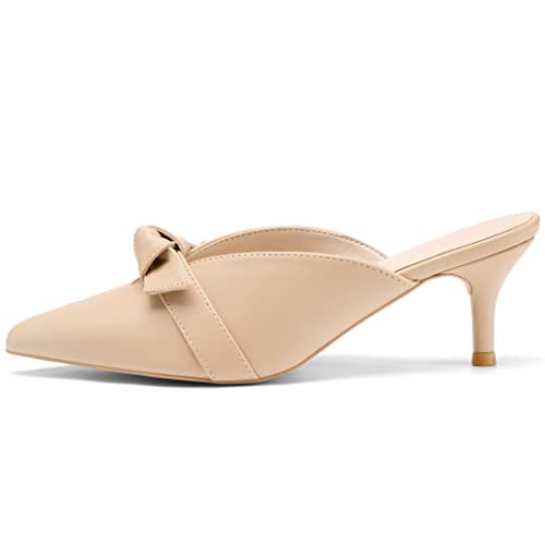 Coutgo Womens Bow Knot Mules Kitten Heel Pumps Slip On Heeled Sandals Pointed Toe Slides Backless Dress Shoes #TOP5