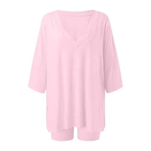 Women Oversized 2 Piece Clothing Set V Neck T Shirt Shorts Activewear Womens Sweat Shorts with Pockets4