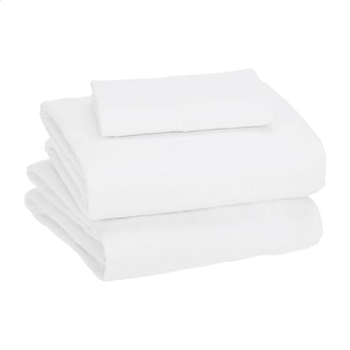 Image of Amazon Basics 3 Piece Bed Sheets Set, 100% Cotton Jersey, Includes Super Soft, Flat and Fitted Sheets, Pillowcase, Toddler, White, Solid