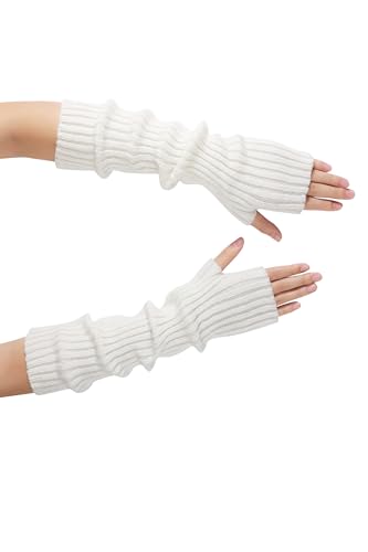 Clothirily Arm Warmers, Fashion Winter Long Fingerless Gloves Knit Mitten Gloves Wrist Warmer with Thumb Hole for Women, Stretchy Arm Sleeves for Women, White