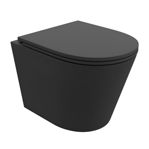 domino LAVITA Wand-WC Galve Black | WC Sitz | Hänge Toilette | Toilettendeckel mit Absenkautomatik & Metallscharniere | Toiletten Spülrandlos Hängend | Toilettenbecken | 355x510x385 mm | Schwarz