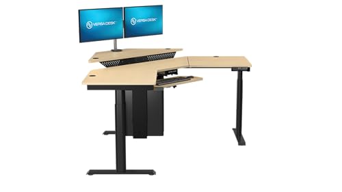 Image of VERSADESK 60 inch x 60 inch Electric L-Shaped Corner Standing Desk, Commercial Grade Height Adjustable Sit Stand Workstation, Ergonomic Computer Desk for Home Office, Black Frame, Maple Surface