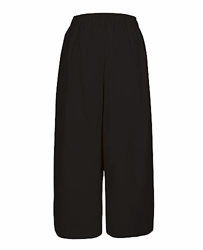 ThCreasa Womens Solid Back Elastic Waist Culottes Pants Cotton Linen Wide Leg Palazzo Cropped Trousers with Pockets3