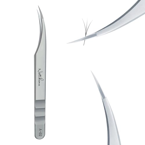 Natuhana High Precision Lash Tweezers for Individual and Volume Eyelash Extensions Pointed Premium Stainless Steel Curved Fiber Tip Professional Isolation Tweezer(Dolphin Tweezer A-02)